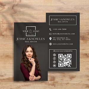 Modèle de carte de visite personnalisée portrait pour toute entreprise, grande ou petite, design professionnel, informations de contact, réseaux sociaux et code QR