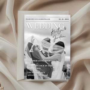 Couverture de magazine, faire-part de mariage imprimable, modèle de mariée personnalisé, réception photo sur le devant, invitation avec code QR RSVP
