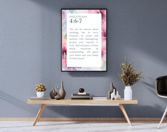 Impresión del versículo bíblico Filipenses 4:6-7: No se preocupen, arte mural cristiano, póster digital inspirador, descarga instantánea