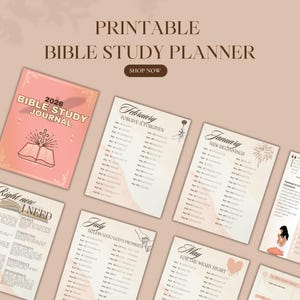 Könnte beinhalten: Eine Sammlung druckbarer Bibelstudienplaner und ein Journal. Das Journal ist rosa und trägt den Text "2026 Bible Study Journal". Die Planer zeigen monatliche Themen wie "Februar: Vergeben & Vergeben" und "Januar: Neuanfänge".
