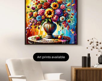 Colorful Flower Bouquet Art Print, Abstract Floral Painting (Digital Download)