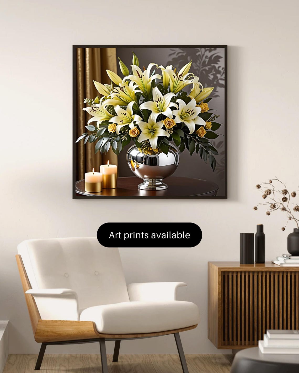 Lily and Rose Floral Art Print – Silver Vase, Modern Home Decor ...