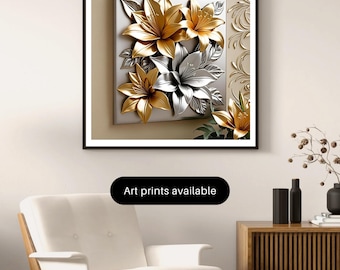 3D Metallic Floral Wall Art, Gold Silver Lily Print (Digital Download)