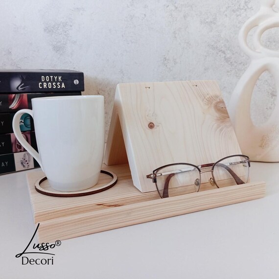 Support Livre Triangle En Bois Avec Porte-Tasse - Serre-Livres Et Étagère De Rangement En Chêne Massif