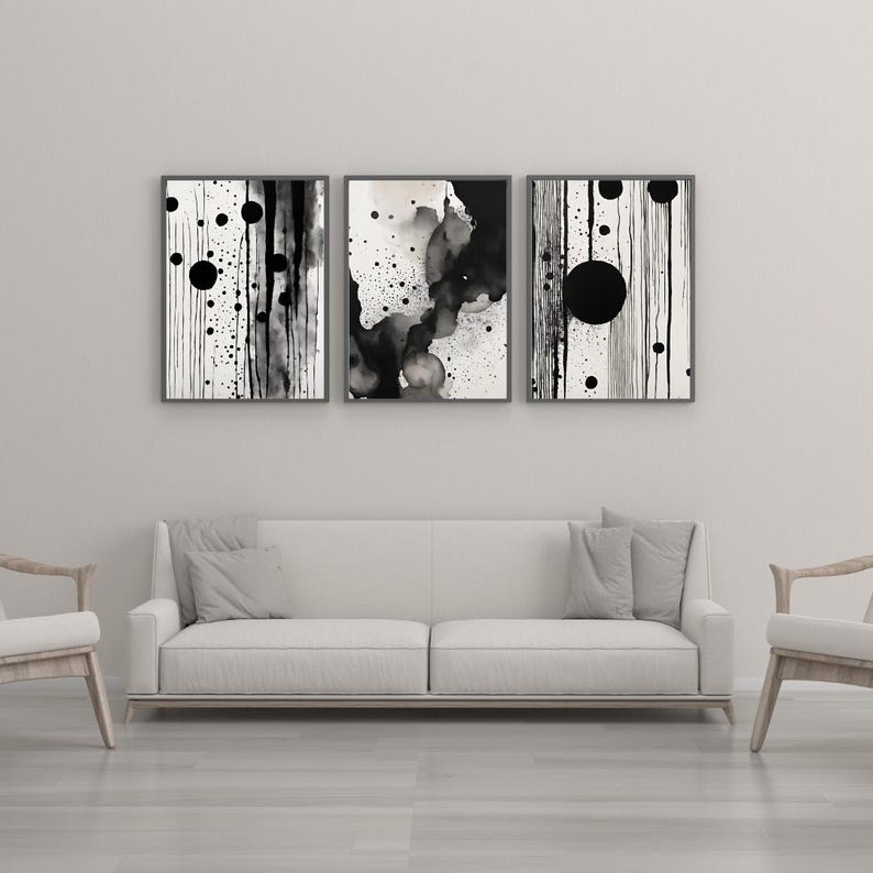 Black and White Abstract Ink Art Print Set – Minimalist Modern Wall ...
