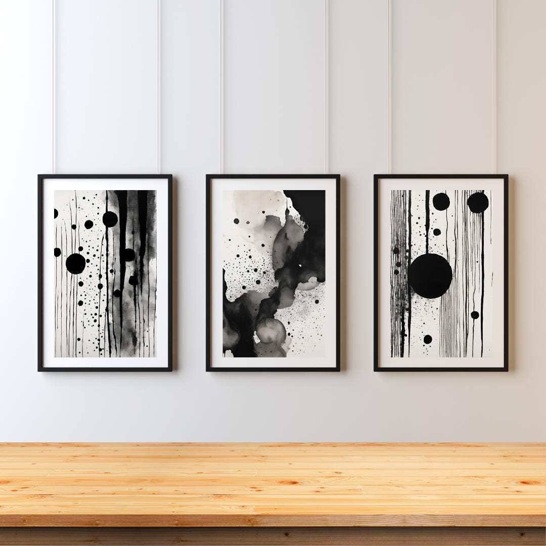 Black and White Abstract Ink Art Print Set – Minimalist Modern Wall ...