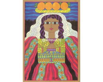 Puede incluir: Una ilustración colorida de una mujer con un vestido tradicional con un edificio en forma de cúpula en su pecho. La mujer lleva un velo blanco y una corona de naranjas en la cabeza. El fondo es un cielo azul y morado con nubes blancas.