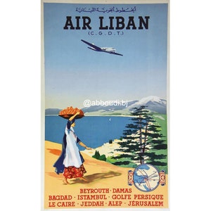 May include: A vintage travel poster for Air Liban, a Lebanese airline. The poster features a woman carrying a basket of oranges, a view of the Mediterranean Sea, and a cedar tree. The text on the poster reads "Air Liban (C.G.D.T.)" and lists destinations including Beirut, Damascus, Baghdad, Istanbul, the Persian Gulf, Cairo, Jeddah, Aleppo, and Jerusalem.