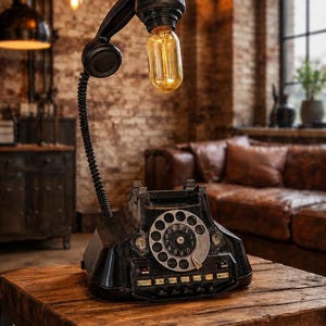 Op de afbeelding: Een zwarte draaischijftelefoon die is omgebouwd tot bureaulamp. De hoorn is verhoogd aan een flexibel zwart snoer en bevat een gloeiende amberkleurige Edison-lamp. De basis is voorzien van een ronde draaischijf met cijfers en rechthoekige knoppen.
