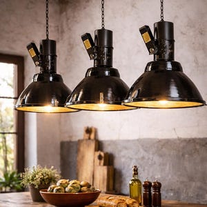 Könnte beinhalten: Drei schwarze industrielle Pendelleuchten, die an Ketten hängen. Jede Leuchte hat einen glockenförmigen Schirm mit goldener Innenseite, der einen rustikalen Holztisch beleuchtet. Die Leuchten hängen über einem Tisch mit Essen und Dekoration.