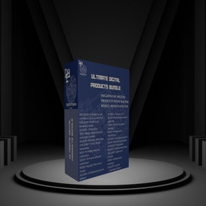 May include: A blue box with the text "Ultimate Digital Products Bundle" and a list of digital products included, such as ebooks, graphics, and sound effects.