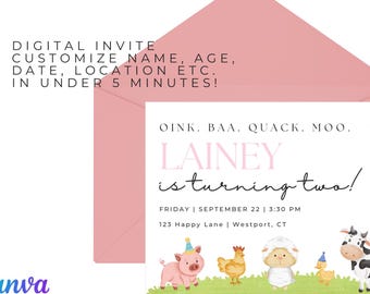 Invitation d'anniversaire d'animal de ferme | Faire-part Oink Baa Moo | Modèle numérique modifiable | Thème de la basse-cour | 2e anniversaire | Éviter la toile