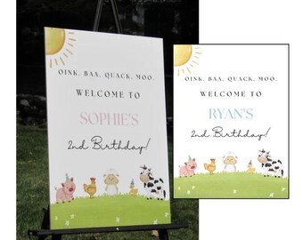 Panneau de bienvenue pour anniversaire d'un animal de la ferme | Oink Baa Moo | Modèle numérique modifiable | Thème de la basse-cour | 2e anniversaire | Modèle de toile