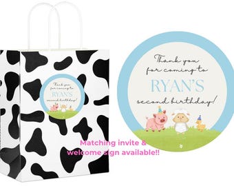 Stickers anniversaire animaux de la ferme | Oink Baa Moo | Modèle numérique modifiable | Thème de la basse-cour | Merci | Modèle de toile