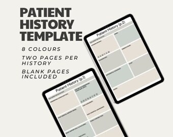 May include: Patient History Template with 8 colours, two pages per history, and blank pages included. The template is shown on two digital tablets, one in a light green colour and the other in a light beige colour.