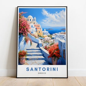Santorini Travel Print Retro Wall Art Greece Painting Home Decor Mediterranean Island Gift Art Lover Vintage Wall Print Greek Illustration