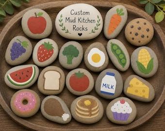 12 Custom Mud Kitchen Play Rocks | Hand Painted Pretend Food Stones | Montessori Outdoor Kitchen Toys | Personalized Sensory Play Set