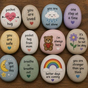 Może przedstawiać: Kolekcja malowanych kamieni z inspirującymi wiadomościami i uroczymi ilustracjami. Kamienie zawierają frazy takie jak "pocket hug", "you are loved" i "better days are coming". Każdy kamień to unikalny, ręcznie malowany element.