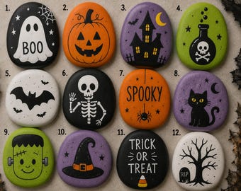 Halloween Painted Rock | Spooky Hand-Painted Decor | Ghost Pumpkin Skeleton Witch Rock | Gothic Fall Decoration | Halloween Shelf Decor