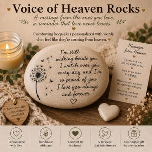 May include: A beige engraved stone with the text "I'm still walking beside you" and a dandelion illustration. A small heart-shaped stone and a card with the text "Messages from Heaven" are also present. The theme is remembrance.