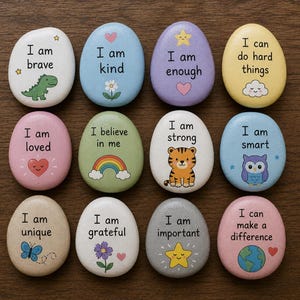 Puede incluir: Doce piedras pintadas con afirmaciones positivas. Cada piedra es de un color diferente y presenta una frase como "Soy valiente" o "Soy amable", junto con una pequeña ilustración como un dinosaurio o un corazón. Las piedras están dispuestas sobre una superficie de madera.