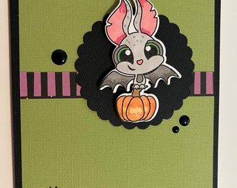 Cartão de Halloween de morcego fofo, cartões feitos à mão, extravagante para o Halloween, carimbado à mão, colorido à mão, cartão de felicitações, extravagante para você