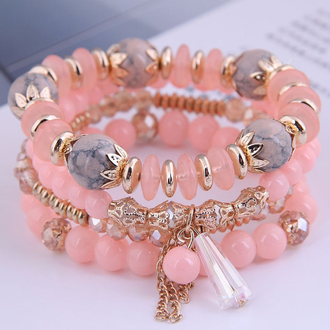 Crystal Beaded Bracelet, Set of 4, Resin Jewelry, Stack Bracelets, Pink
