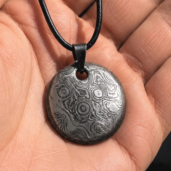 Mens Damascus Steel Necklace, Hand Forged Pendant, 11th Steel Anniversary Gift for Him, Gift for Husband