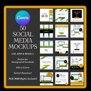 Puede incluir: Una colección de 50 maquetas de redes sociales con diferentes diseños con acentos verdes y dorados. Las maquetas muestran diferentes diseños para publicaciones de Instagram y Facebook, incluyendo cuadros de texto, imágenes y botones de llamada a la acción. El texto "Canva" es visible en la esquina superior izquierda de la imagen.
