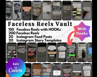 Pode incluir: Uma colagem de maquetes de tela de telefone coloridas com sobreposições de texto que promovem um produto digital chamado "Faceless Reels Vault". O produto inclui 150 rolos sem rosto com ganchos, 200 rolos sem rosto, 20 postagens do Instagram e 20 modelos de histórias do Instagram. O texto "With Hooks" é destacado em uma estrela rosa.