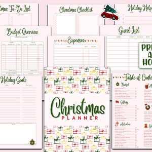 May include: A printable Christmas planner with a pink background and a green and red pattern of presents. The planner includes sections for budgeting, gift giving, holiday goals, activities, and a table of contents. The text "Christmas Planner" is written in green cursive.