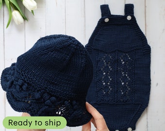 Handmade Newborn Clothing, Knit for 0-3 month olds | Set of 2 | Navy Blue Bodysuit + Sun Hat | Summer Outfit for Baby Girls | Newborn Gift