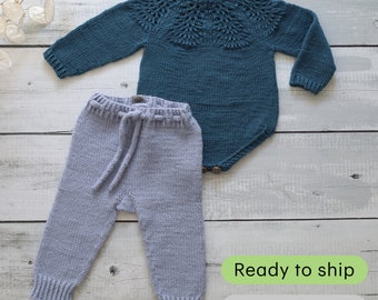 Handknit Newborn Clothing for 1-3 month olds | Set of 2 |  Petrol Lace Bodysuit + Ice Blue Pants | Outfit for Baby Girls | Gift For Newborns