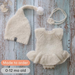 Vêtements pour bébé faits main et tricotés Lot de 3 Body ballerine blanc cassé chapeau bandeau Ensemble pour bébé fille Cadeau pour nouveau-né image 1