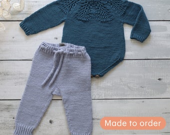 Handmade, Knitted Child Clothing | Set of 2 |  Petrol Lace Bodysuit + Ice Blue Pants | Outfit for Baby Girls | Kid Gift