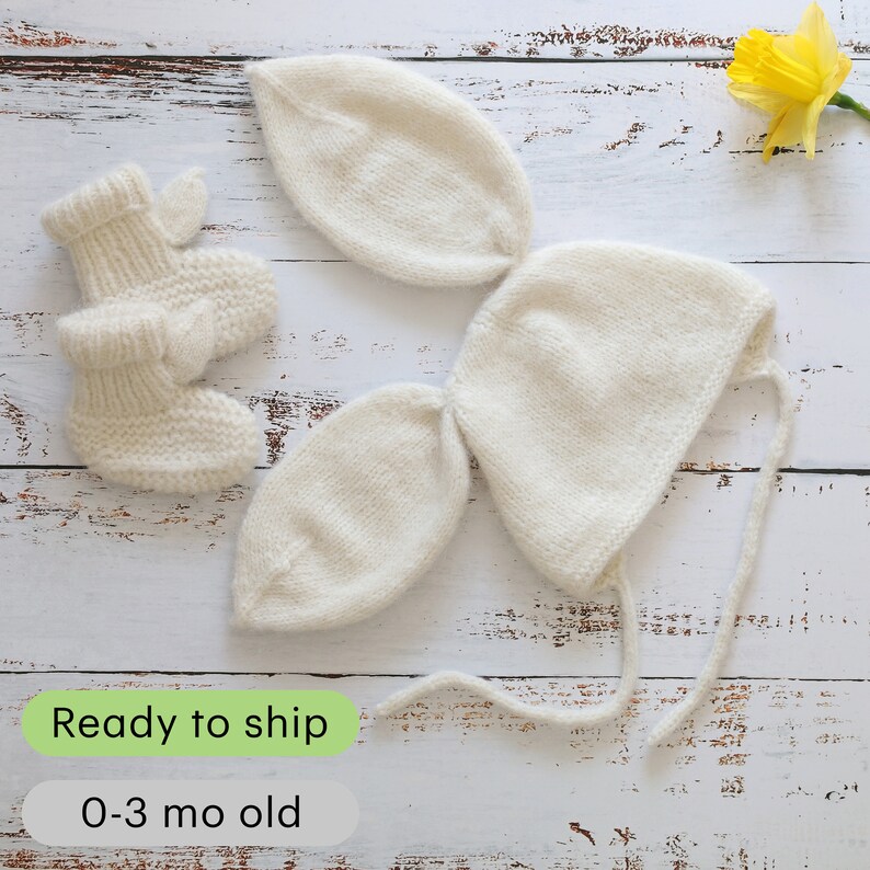 Ropa de punto para recién nacidos de 0 a 3 meses / Juego de 2 / Gorro blanco roto Calcetines / Traje para niñas / Traje de niño / Regalo para recién nacidos imagen 1