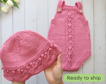 Vêtements tricotés faits main pour bébés de 3 à 6 mois | Lot de 2 | Body rose + chapeau de soleil | Ensemble d'été pour bébé fille | Cadeau pour bébé