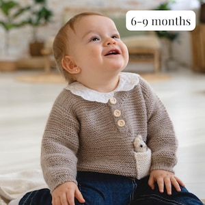 Ready to Ship Handmade Infant Sweater for 6-9 month olds | Beige Buttoned Sweater with a White Pocket Baby Girls and Baby Boys | Photo Prop