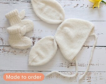 Handmade Child Knitwear | Set of 2 | Off White Bunny Hat + Socks | Outfit for Baby Girls | Baby Boy Outfit | Gift For Newborns | Bunny Socks