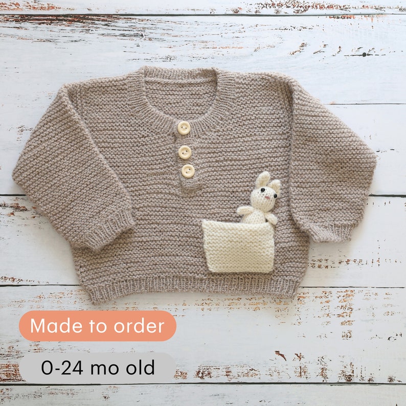 Sweater, Handknit for Children Beige Outfit for Baby Girls Outfit for Baby Boys Gift For Newborns Easter Sweater Bunny Jumper image 1