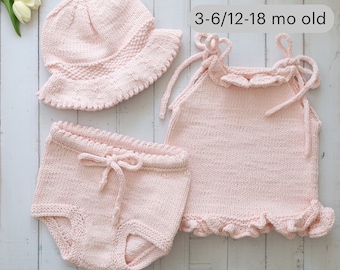 Knitted Kid Clothing for 3-6/12-18 month olds | Set of 3 | Light Pink Tunica + Bloomers + Hat | Summer Set for Baby Girls | Gift For Infants