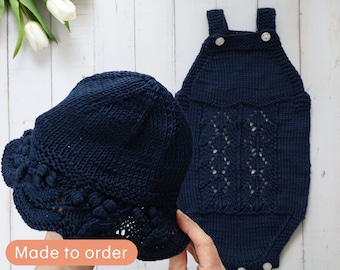 Child Clothing, Handknit | Set of 2 | Dark Blue Bodysuit + Hat | Summer Outfit for Baby Girls | Gift For Babies