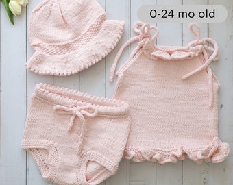 Ropa, Handknit para niños / Conjunto de 3 / Top rosa claro + Bloomers + Sombrero para el sol / Traje de verano para niñas / Regalo para niños