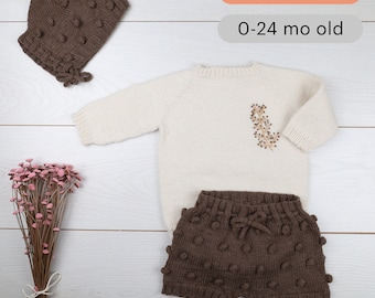 Vêtements pour enfants faits main et tricotés | Lot de 3 | Body brodé blanc cassé + short marron + bonnet | Ensemble bébé fille | Ensemble bébé garçon