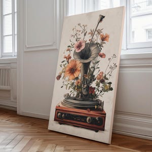 May include: A vintage-style canvas print featuring a phonograph with a large horn, adorned with colorful flowers. The phonograph is a warm reddish-brown color, set against a neutral background. The flowers are in shades of orange, pink, and red.