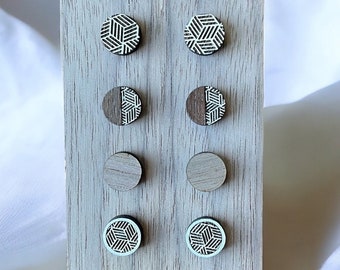 Walnut Wood Geometric Stud Earrings - Hypoallergenic & Handmade - Unique, Lightweight, Laser-Engraved Design - Boho Fashionable Accessory