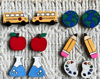 Wooden Teacher Earrings: School Bus, Globe, Apple Studs