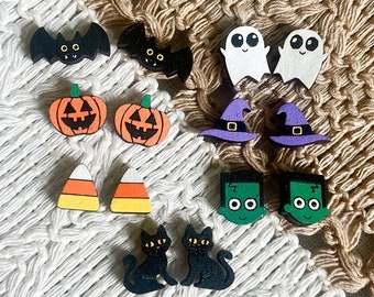 Hand-Painted Halloween Stud Earrings: Birchwood Ghost, Pumpkin, Cat