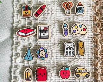 Kawaii School Supply Earrings, Hand-Painted Birchwood Studs