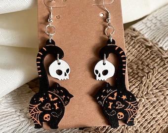 Handmade Black Cat Dangle Earrings: Halloween Witchy Cat Jewelry